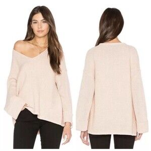 Free People Womens La Brea V Neck Pullover‎ Sweater Relaxed Ribbed Knit Beige XS